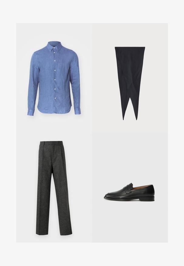Camicia in lino blu con colletto button-down, maniche lunghe, chiusura frontale con bottoni e orlo leggermente arrotondato. Tessuto liscio e strutturato.; Pantaloni grigi su misura realizzati in tessuto strutturato, con due pieghe frontali e un design a gamba dritta. Nessuna tasca o decorazione visibile.; Mocassino in pelle nera con punta arrotondata, dettagli cuciti sottili e tacco basso, caratterizzato da una texture liscia e un design minimalista.; Tessuto a righe sottili di colore navy, design affusolato, forma allungata con estremità appuntite, texture liscia con righe verticali, nessun hardware visibile.