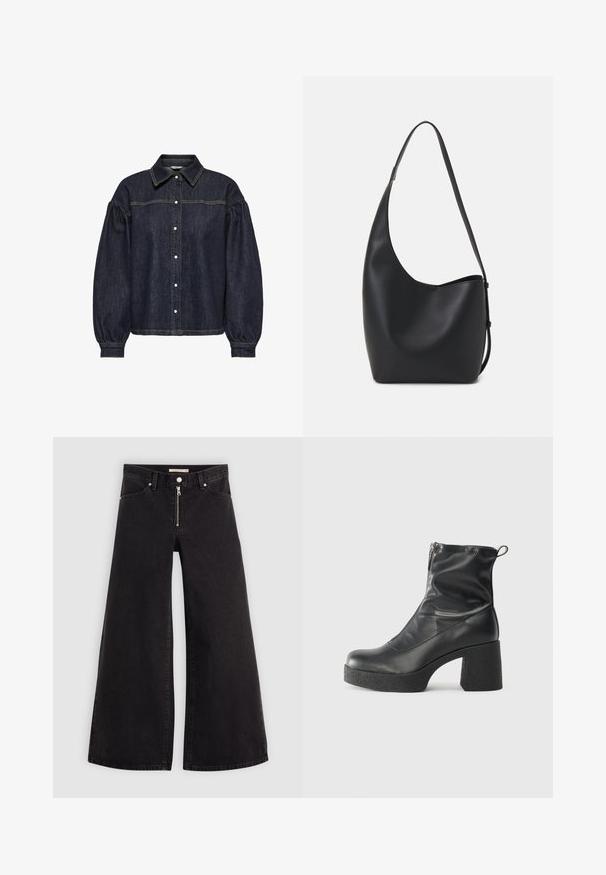 Tmavě modrá džínová košile s nabranými dlouhými rukávy, zapínáním na knoflíky a kontrastním žlutým prošíváním na hrudi a švech rukávů.; Džíny s širokými nohavicemi v černém denimovém provedení se zipem vpředu, pěti kapsami a jemnými švy. Hladká textura a ležérní styl.; Černé kotníkové boty vyrobené z hladké kůže, s bočním zipem, robustním strukturovaným podpatkem a kulatou špičkou.; Černá kožená hobo taška s hladkým povrchem, zakřiveným tvarem a jedním nastavitelným popruhem; má široké otevírání nahoře.