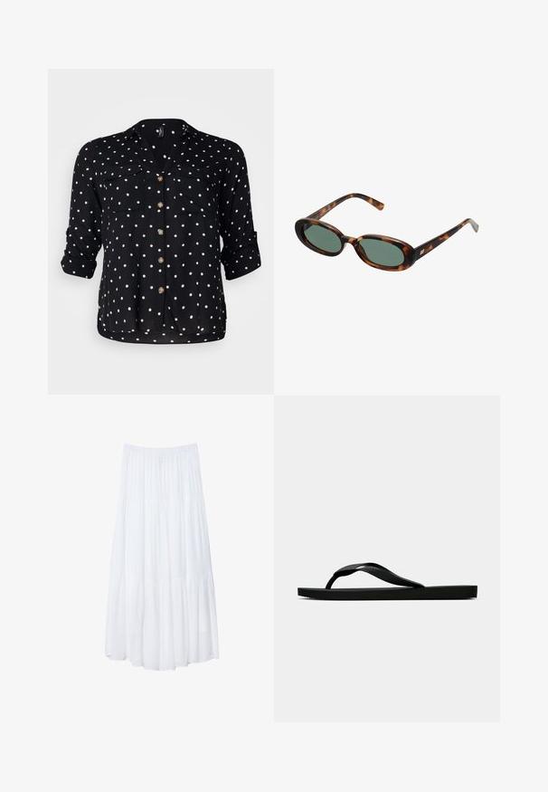 Vero Moda Curve VMBUMPY SHIRT NEW - Button-down blouse - black/white; White, tiered maxi skirt made of lightweight fabric. Features an elastic waistband and flowing design with soft, subtle texture.; Black rubber flip-flop sandal with a textured thong strap and simple flat sole, shown from side on a plain light background.; Tortoiseshell sunglasses with oval frames and green lenses. Features thin arms with a metallic accent near the hinges.; Brown woven leather tote bag with two handles, a structured shape, and a textured surface, featuring a diamond pattern throughout.; Silver metal earrings with a wavy, sculptural design featuring a polished finish and irregular shapes, highlighting a contemporary aesthetic.