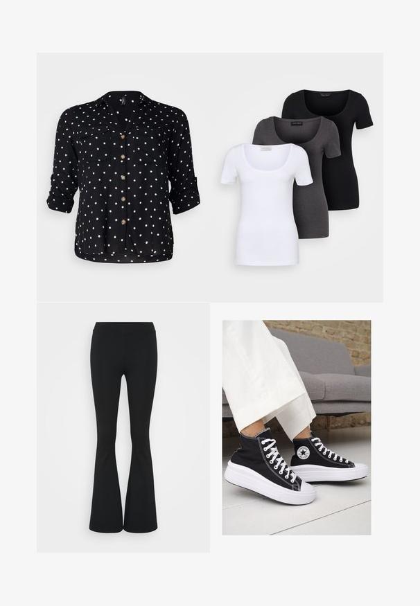 Vero Moda Curve VMBUMPY SHIRT NEW - Paitapusero - black/white; Kolme istuvaa T-paitaa valkoisena, harmaana ja mustana. Jokaisessa on leveä avara pääntie ja lyhyet hihat. Valmistettu sileästä ja joustavasta kankaasta.; Mustat leveät housut, jotka on valmistettu joustavasta kankaasta, ja joissa on korkea vyötärö sekä sileä pinta. Housut levenevät polven kohdalla.; Mustat kangaskengät korkealla varrella, joissa on valkoiset kumipohjat ja nauhat. Sivussa on pyöreä logo ja kontrastiväriset valkoiset tikkausommellut.