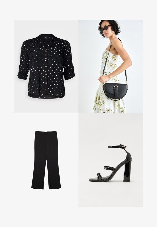 Vero Moda Curve VMBUMPY SHIRT NEW - Camicia - black/white; Pantaloni neri a gamba dritta, con tasche frontali e spacchi laterali all'orlo. Realizzati in tessuto morbido e liscio. Adatti a diverse occasioni.; Sandali con tacco in vernice nera, con punta squadrata, cinturini alla caviglia e fibbie in argento. Presentano un tacco a blocco spesso per maggiore stabilità.; Borsa a tracolla nera in pelle con una forma curva, manico rimovibile e accessori dorati. La borsa presenta una patta con un dettaglio a fibbia.