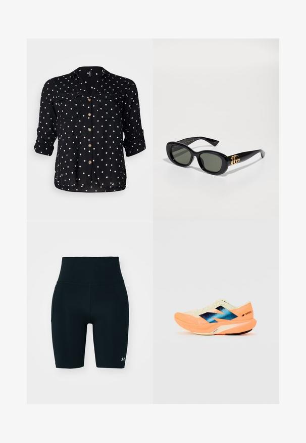 Vero Moda Curve VMBUMPY SHIRT NEW - Skjortebluse - black/white; Svarte treningshorts laget av elastisk stoff, med høy midje og sidelomme. Jevn tekstur med flate sømmer og logoakse.; Løpesko med en lett kremfarget overdel, blå merkevare og oransje detaljer på sålen. Nettverksstruktur for pusteevne.; Svarte plastsolbriller med grønne linser, med oval form og gulllogo detaljer på brillestengene. Glatt tekstur og blank overflate.