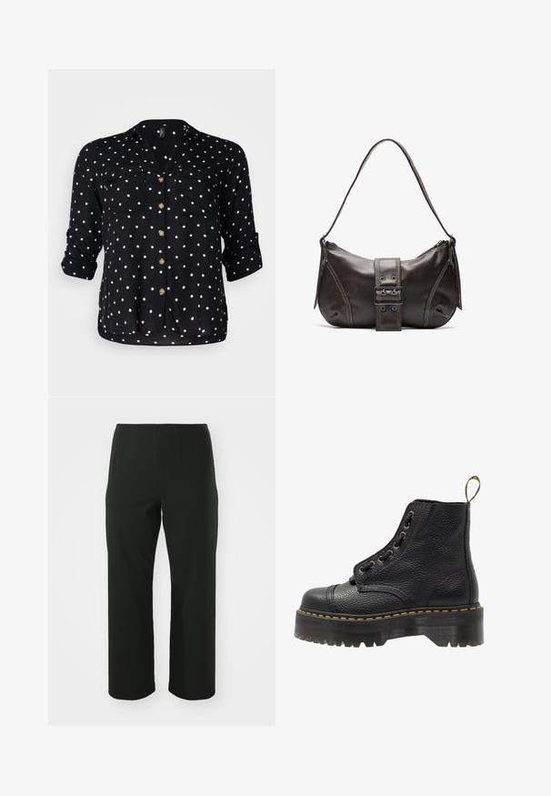 Vero Moda Curve VMBUMPY SHIRT NEW - Blusa - black/white; Vero Moda Curve VMCAUGUSTA PANT - Pantalones - black; Botín negro de cuero con superficie texturizada, punta redonda, diseño de cordones, costuras amarillas y una gruesa suela de plataforma negra estriada.; Bolso de hombro de cuero marrón con forma curva, que presenta un prominente detalle de hebilla, costuras en contraste y una sola correa para el hombro.