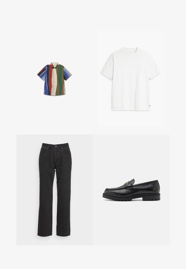 Kurzarmhemd mit Knöpfen und vertikalen Streifen in Rot, Grün, Blau und Creme. Baumwollstoff mit einem klassischen Kragen.; Weißes Baumwoll-T-Shirt mit kurzen Ärmeln, Rundhalsausschnitt und dezentem Levi's-Logo in der Mitte. Weicher Stoff und normale Passform.; Schwarze Jeans aus Denim mit geradem Bein, ausgestattet mit einem vorderen Knopfverschluss, Gürtelschlaufen und zwei Seitentaschen. Strukturiertes Material.; Schwarze Lederloafers mit einer glatten Oberfläche, runder Zehenform, einem dekorativen Riemen mit goldfarbenem Zubehör und einer robusten schwarzen Sohle.