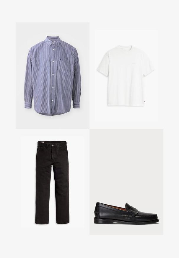 Stripete knappopp skjorte i marineblått og hvitt. Har krage, lange ermer, brystlomme og buet kant. Klassisk passform med teksturert stoff.; Hvit bomull t-skjorte med korte ermer, rund hals og subtilt Levi's-logo trykt i midten. Myk tekstur og standard passform.; Svarte rette dongeribukser med fem lommer, knappefeste og beltehemper, lagt flatt på en hvit bakgrunn.; Sorte lær loafer med rund tå, broderte detaljer og et dekorativt bånd over fronten. Flat såle med minimal profil.