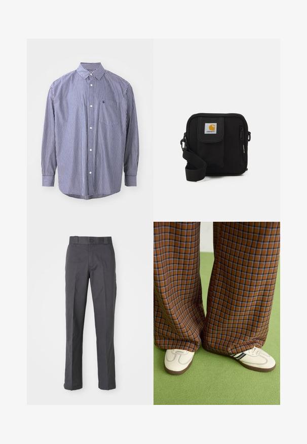 Ribitud nööpidega särk tumesinisest ja valgest. Omab kraed, pikki varrukaid, rinna-taskut ja kaarduva äärisega lõike. Klassikaline lõige tekstuurse kangaga.; Tumedat hallid puuvillasegustest pükstest, mis on sirge sääre disainiga, ees olevate taskutega ja nööpkinnitusega vööl.; Pruunide ja siniste ruuduliste laiad püksid, mille juurde on kombineeritud valged kingad mustade aktsentidega ja tekstuursete taldadega, roheline taust.; Mustmust kott, millel on lukkudega peamine ruum, esikott, reguleeritav rihm ja nähtav logofirma kleebis kaasel.