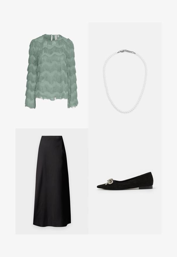 Mintgrünes Langarmbluse mit gestuften horizontalen Fransen, strukturierter Stoff, runder Ausschnitt und Knopfverschluss am Rücken.; Schwarzer Satin-Maxirock mit glatter Textur, hoch tailliertem Design, fließender Silhouette und ohne sichtbare Muster oder Hardware-Details.; Schwarzer Wildlederschuh mit spitzem Zeh, verziert mit einer dekorativen silbernen Schleife an der Vorderseite, mit niedrigem Absatz.; Ein weiße Perlenkette mit einem silbernen Verschluss, der den Markennamen trägt. Jede Perle ist glatt und rund, in einer gleichmäßigen Reihenfolge angeordnet.