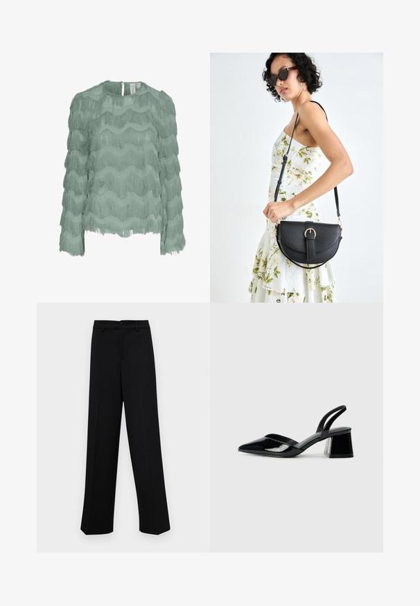 Menta zöld, hosszú ujjú blúz, réteges vízszintes bojt mintával, texturált anyagból, kerek nyakkivágással és hátsó gombos záródással.; Fekete, széles szárú nadrág sima anyagból, klasszikus derékrésszel, gombzárral és elülső redőkkel.; Fekete lakk bőr szandálkés magas sarkú cipő, hegyes orral és geometrikus tömbsarkakkal. Karcsú, minimalista dizájn és sima textúra jellemzi.; Fekete bőrtáska ívelt formával, levehető pánttal és arany színű fémrészekkel. A táskán egy csattal díszített fedél található.