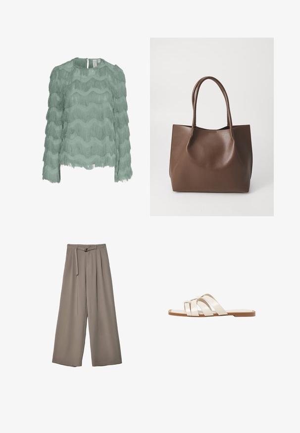 Mint zelena bluza dugih rukava s višeslojnim horizontalnim frizom, teksturiranom tkaninom, okruglim izrezom i zatvaranjem na dugme na leđima.; Široke hlače u mekoj, prigušenoj sivoj tkanini, s remenom na struku i plisiranim detaljima za dodatni dizajn. Glatka tekstura, bez uzoraka.; Ravne sandale s smeškom od gume, dizajnirane s tri preklapajuće bele kožne trake i malim detaljem mašne u sredini.; Smeđa kožna torba s dugim ručkama, strukturiranog oblika, glatke teksture i minimalističkog dizajna. Nema vidljivih metalnih dijelova ili ukrasa.