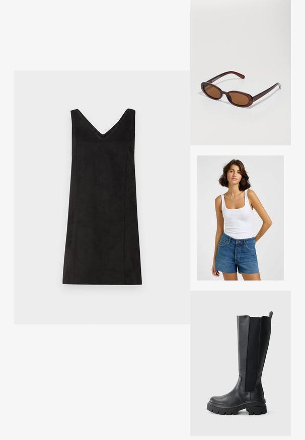 Top de tirantes blancas con escote cuadrado, combinado con shorts de denim azul de tiro alto que presentan un dobladillo deshilachado y un diseño tradicional de cinco bolsillos.; Vestido negro sin mangas con escote en V, hecho de un material suave, con corte recto y detalles mínimos. Textura suave.; Botas negras hasta la rodilla con un exterior de cuero suave y paneles laterales de elastano en contraste. Suela de goma gruesa con un dibujo pronunciado.; Gafas de sol redondas con tinte marrón y un marco burdeos brillante. Patillas delgadas con un sutil detalle de marca. Diseño de lentes planos.; Bolso de mano de cuero burdeos trenzado con un cuerpo redondeado, asa gruesa y abertura con cremallera. Presenta una textura suave y un patrón entrelazado.