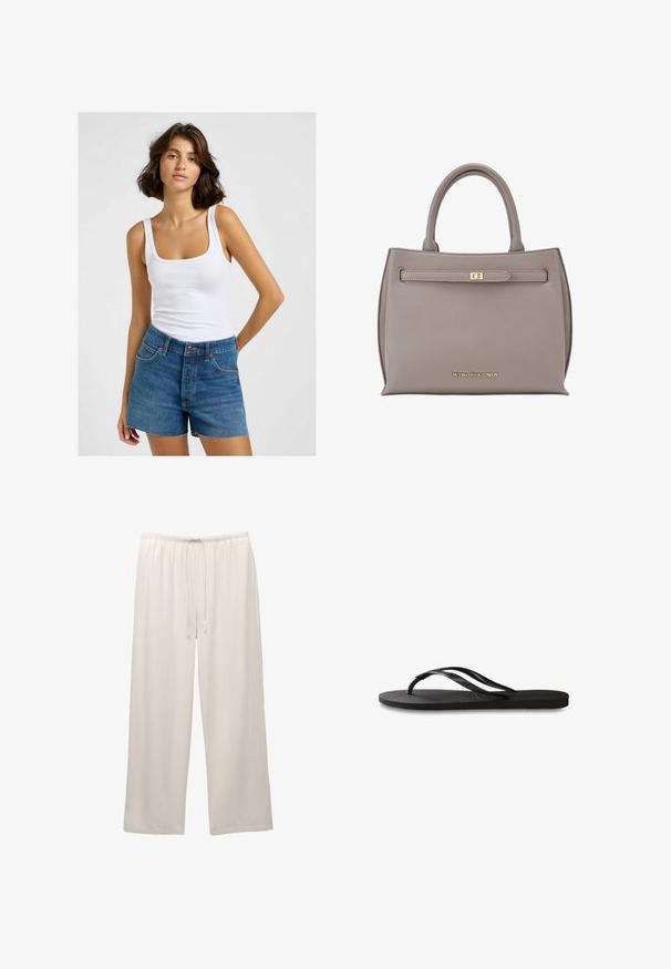 Hvid ribbet tanktop med firkantet udskæring, parret med højtaljede blå denimshorts med frynset kant og traditionelt fem-lommet design.; Lysfarvede, vide bukser lavet af blødt stof med elastisk talje og justerbar snøre for komfort.; Sorte flip-flop med en tekstureret gummisål, to slanke stropper og et subtilt, præget logodetalje på stroppen.; Grå læderhåndtaske med struktureret form, dobbelte håndtag, en frontklap med en guldlås og præget logo nederst.