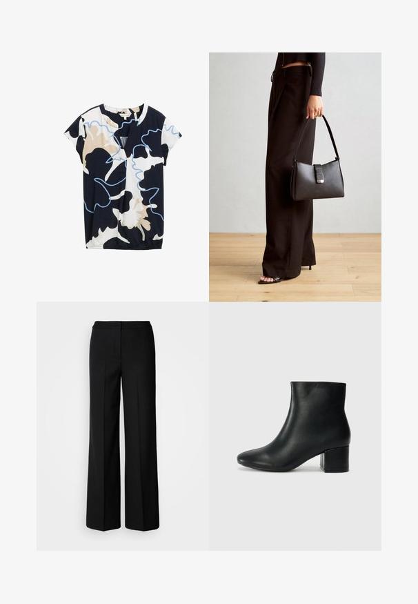 Kratkām piedurknēm topiņš tumši zilā, baltā un bēša krāsā ar abstraktu ziedu rakstu. Tam ir V veida izgriezums un neliela savākšana apakšmalā.; Melni plati bikses ar gludu audumu, piedāvājot augstu jostasvietu, pielāgotas šuves un minimālistisku dizainu. Nav redzamu piederumu vai kabatu.; Melna ādas potīšu zābaki ar smailu purngalu un masīlu papēdi. Gluda tekstūra ar minimāliem akcentiem un gludu, pieguļošu dizainu.; Melnā somiņa ar strukturētu formu, gludu tekstūru un metālu sprādzi. Saskaņota ar platām melnām biksēm un sandālēm ar atvērtu purngalu uz koka grīdas.