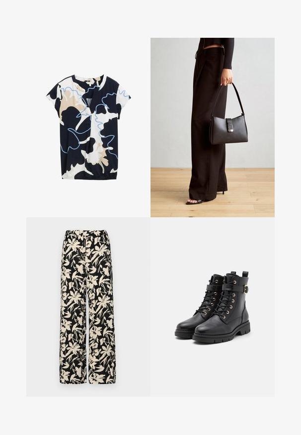 Sötétkék, fehér és bézs színű, rövid ujjú felső, absztrakt virágmintával. V-alakú nyakkivágással és enyhe ráncolással rendelkezik az alján.; Fekete, bő szárú nadrág krém színű virágmintával. Könnyű anyagból készült, sima tapintású és magas derékrésszel rendelkezik.; Fekete bőr bokacsizma kerek orral, fűzős dizájnnal, arany lyukakkal, csat részlettel és vastag, struktúrált talppal.; Fekete kézi táska strukturált formával, sima textúrával és fémből készült záródással. Széles fekete nadrággal és nyitott orrú szandállal párosítva, fából készült padlón.