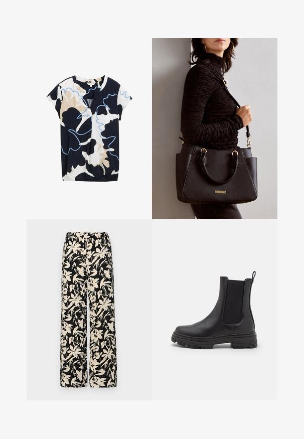 Korte mouwen top in marineblauw, wit en beige met een abstracte bloemenpatroon. Heeft een v-hals en een lichte plooival bij de zoom.; Zwarte wijde broek met een crèmekleurig bloemenpatroon. Gemaakt van lichtgewicht stof, met een zachte textuur en een hoge tailleband.; Zwarte leren enkellaars met elastische zijpanelen, ronde neus en een gestructureerde rubberen zool. Voorzien van een lus aan de achterkant voor gemakkelijk aan- en uittrekken.; Zwarte handtas met gestructureerd oppervlak, dubbele bovenhandvatten en verstelbare schouderriem. Voorzien van goudkleurige hardware en zijzakken.