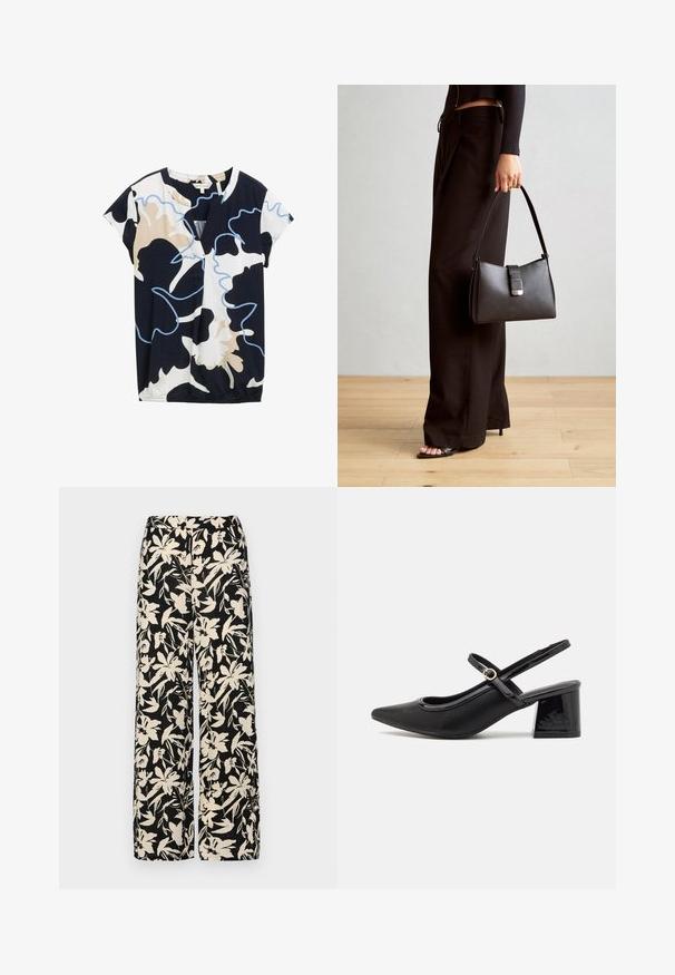 Kortærmet top i navy, hvid og beige med et abstrakt blomsterprint. Har en v-hals og en let samlede detaljer i kanten.; Sorte vide bukser med et mønster af cremefarvede blomster. Lavet af letvægtsstof, som har en glat tekstur og en høj talje.; Sorte patentlæder slingback hæle med spids tå, rund udskæring og blokhæl. Har en guldtonet spændeaccents.; Sort håndtaske med struktureret form, glat overflade og metalspænde. Sammen med brede sorte bukser og sandaler med åben tå på trægulv.