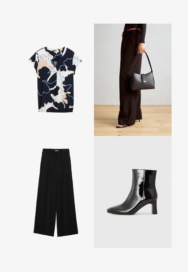 Sötétkék, fehér és bézs színű, rövid ujjú felső, absztrakt virágmintával. V-alakú nyakkivágással és enyhe ráncolással rendelkezik az alján.; Fekete, bő szárú nadrág, texturált anyagból, rugalmas derékpánttal és levehető sállal a derekán, amely állítható illeszkedést biztosít.; Fekete lakk bőrcipő bokáig érő, hegyes orral és közepes magasságú tömbsarokkal. Simább textúrával és minimalista dizájnnal rendelkezik.; Fekete kézi táska strukturált formával, sima textúrával és fémből készült záródással. Széles fekete nadrággal és nyitott orrú szandállal párosítva, fából készült padlón.
