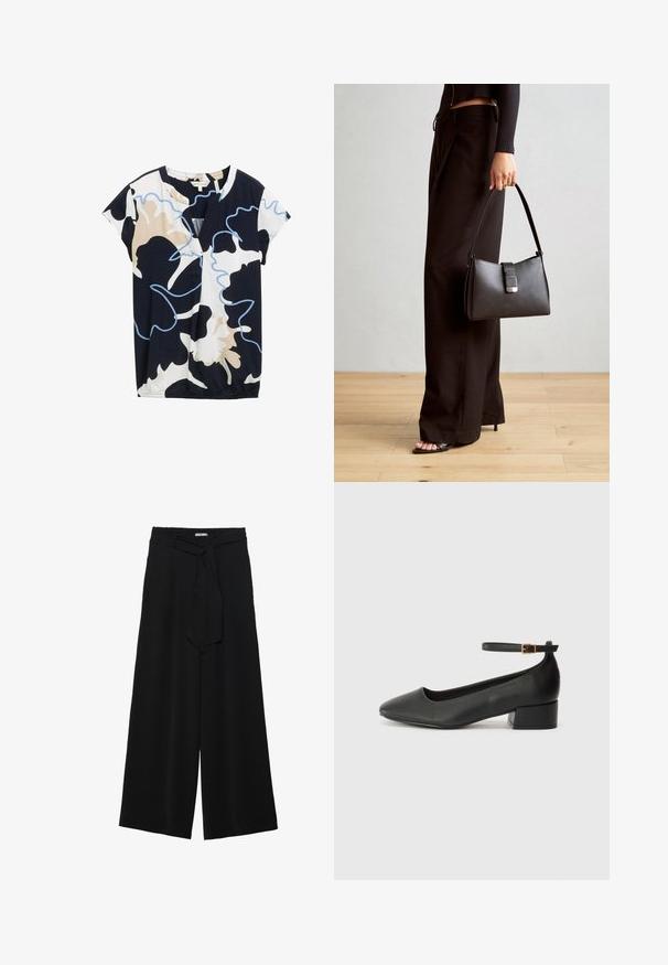 Sötétkék, fehér és bézs színű, rövid ujjú felső, absztrakt virágmintával. V-alakú nyakkivágással és enyhe ráncolással rendelkezik az alján.; Fekete, bő szárú nadrág, texturált anyagból, rugalmas derékpánttal és levehető sállal a derekán, amely állítható illeszkedést biztosít.; Fekete bőr magassarkú cipő hegyes orral és alacsony tömb sarkal. Bokapánttal rendelkezik, aranyszínű csattal. Simább textúra.; Fekete kézi táska strukturált formával, sima textúrával és fémből készült záródással. Széles fekete nadrággal és nyitott orrú szandállal párosítva, fából készült padlón.