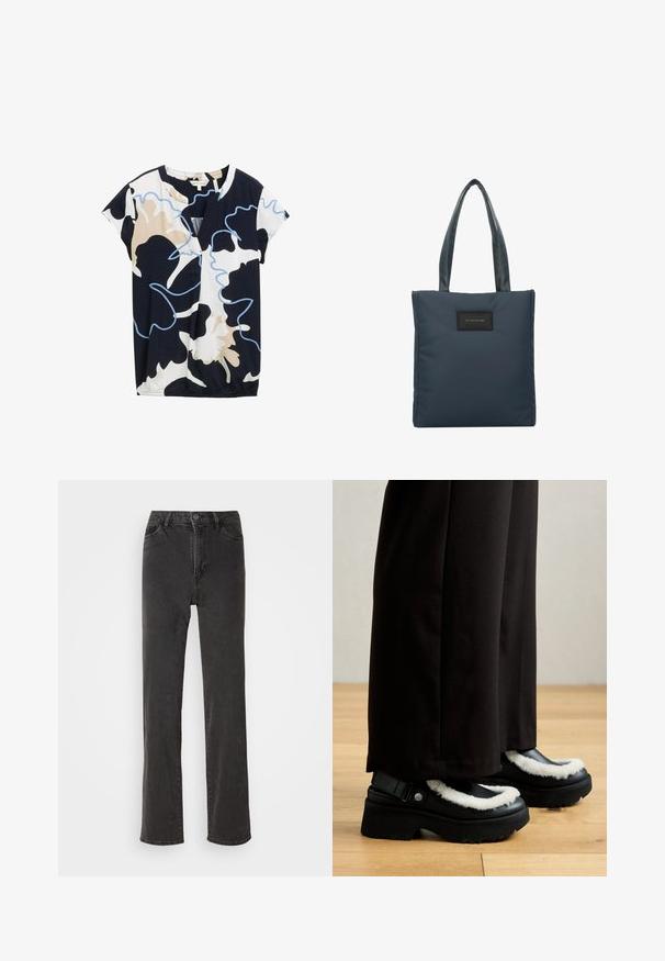 Top de manga corta en tonos azul marino, blanco y beige con un patrón floral abstracto. Presenta un escote en V y un ligero fruncido en el dobladillo.; Jeans de mezclilla negra con corte recto, cintura alta, cinco bolsillos y cierre de botón. El material tiene una ligera textura, sin patrones visibles.; Zapatos de plataforma negros con un ribete de piel blanca, punta redondeada y una correa con un botón de metal. Llevados con pantalones negros sobre un suelo de madera.; Bolso de mano azul marino hecho de nylon suave, con dos asas texturizadas y un parche de logo rectangular negro en el frente.