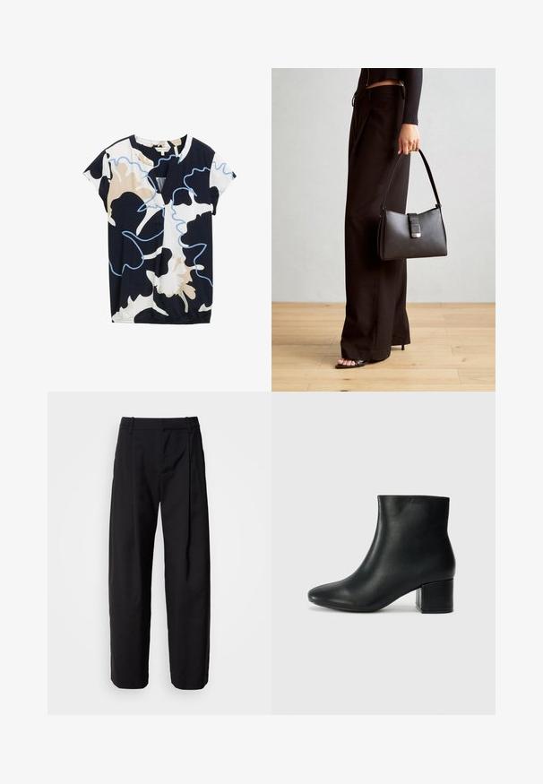 Top de manga corta en tonos azul marino, blanco y beige con un patrón floral abstracto. Presenta un escote en V y un ligero fruncido en el dobladillo.; Pantalones negros de corte relajado, con pliegues en la parte frontal y trabillas para cinturón. Tela suave y perneras rectas, con bolsillos laterales.; Botas de cuero negras hasta el tobillo con una punta afilada y un tacón grueso. Textura lisa con acentos mínimos y un diseño elegante y ajustado.; Bolso negro con forma estructurada, textura suave y un cierre metálico. Combinado con pantalones anchos negros y sandalias de dedo en un suelo de madera.