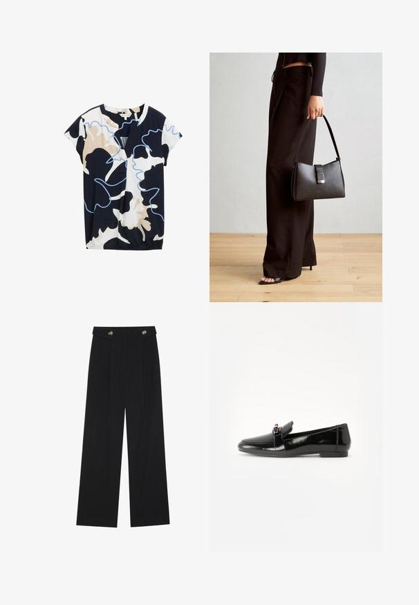 Krótki rękaw top w kolorze granatowym, białym i beżowym z abstrakcyjnym kwiatowym wzorem. Ma dekolt w kształcie litery V i lekko marszczony dół.; Czarne szerokie spodnie z wysokim stanem, z detalami w postaci guzików na pasku oraz plisami z przodu.; Czarne lakierowane loafery z płaską podeszwą, zaokrąglonym noskiem i dekoracyjnym paskiem z złotym akcentem. Gładkie, błyszczące wykończenie.; Czarna torebka o usztywnionym kształcie, gładkiej fakturze i metalowym zapięciem. Połączona z szerokimi czarnymi spodniami i sandałami na otwartym palcu na drewnianej podłodze.
