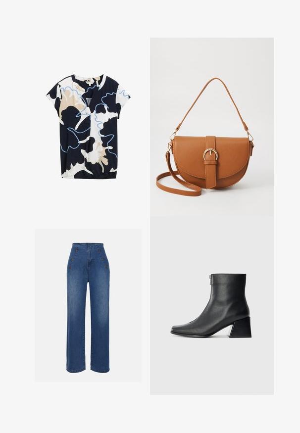 Kortærmet top i navy, hvid og beige med et abstrakt blomsterprint. Har en v-hals og en let samlede detaljer i kanten.; Højtaljede denimjeans i mellemblå. Har frontknapdetaljer og bred benlængde. Stoffet har en glat tekstur med let falmning.; Sort læderankelstøvle med firkantet tå, lynlås på siden og blokhæl mod en ensfarvet lys baggrund.; Brun læder crossbody taske med en buet form, guldfarvet hardware og en spændeaccent. Har en aftagelig skulderrem.