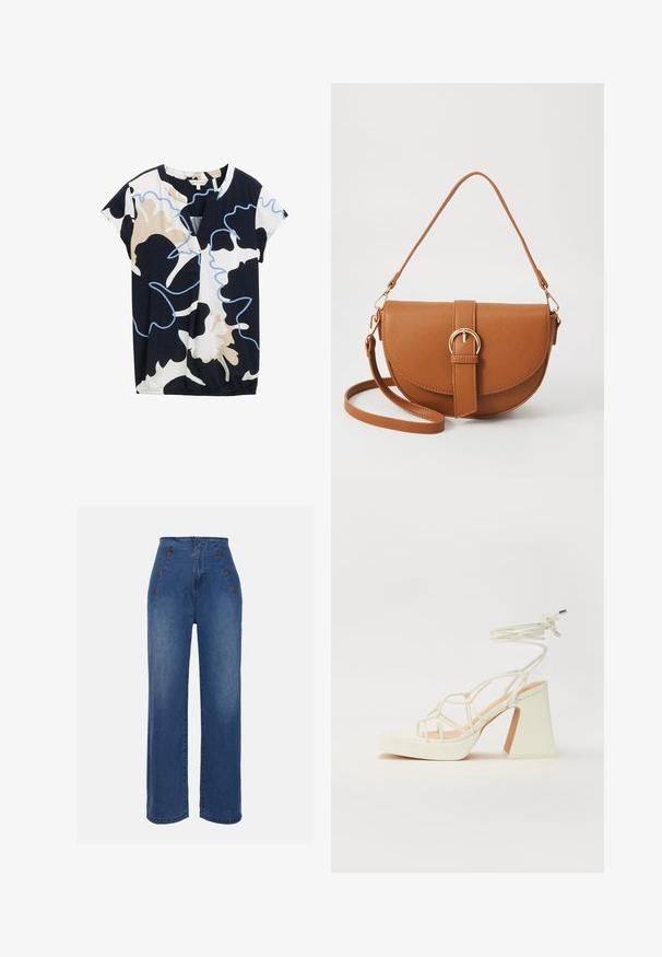 Bluză cu mânecă scurtă în nuanțe de bleumarin, alb și bej, cu un model floral abstract. Dispune de un decolteu în formă de V și o ușoară adunare la tiv.; Jeans din denim cu talie înaltă, de culoare albastru mediu. Prezintă accente cu buton în față și un design cu picioare late. Materialul are o textură netedă, cu o ușoară decolorare.; Sandale albe cu toc înalt și gros, cu un design cu curele și legătură la gleznă. Textură netedă, cu o platformă frontală pentru înălțime suplimentară.; Geantă din piele maro, tip crossbody, cu o formă curbată, accesorii aurii și un accent cu cataramă. Dispune de un curea de umăr detașabilă.