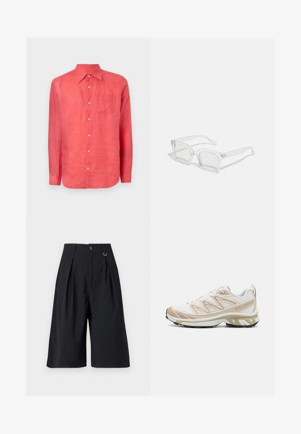 GAP Camicia - watermelon ice; Pantaloni shorts neri a righe con pieghe, chiusura a bottone e accento in anello metallico. Tessuto liscio con una vestibilità su misura e design lunghezza ginocchio.; Scarpa sportiva bianca con superiore in mesh traspirante e accenti beige, una soletta ammortizzata e una suola in gomma testurizzata per la trazione.; Occhiali da sole rettangolari trasparenti con una montatura in plastica spessa, dotati di lenti leggermente oscurate e senza ulteriori motivi o decorazioni.