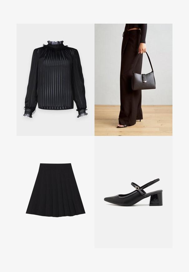 Rue de Femme EDITH - Bluse - black; Sort plisseret nederdel lavet af struktureret stof med en tætsiddende talje. Faldende til knæ længde og har en glat, ren silhuet.; Sorte patentlæder slingback hæle med spids tå, rund udskæring og blokhæl. Har en guldtonet spændeaccents.; Sort håndtaske med struktureret form, glat overflade og metalspænde. Sammen med brede sorte bukser og sandaler med åben tå på trægulv.