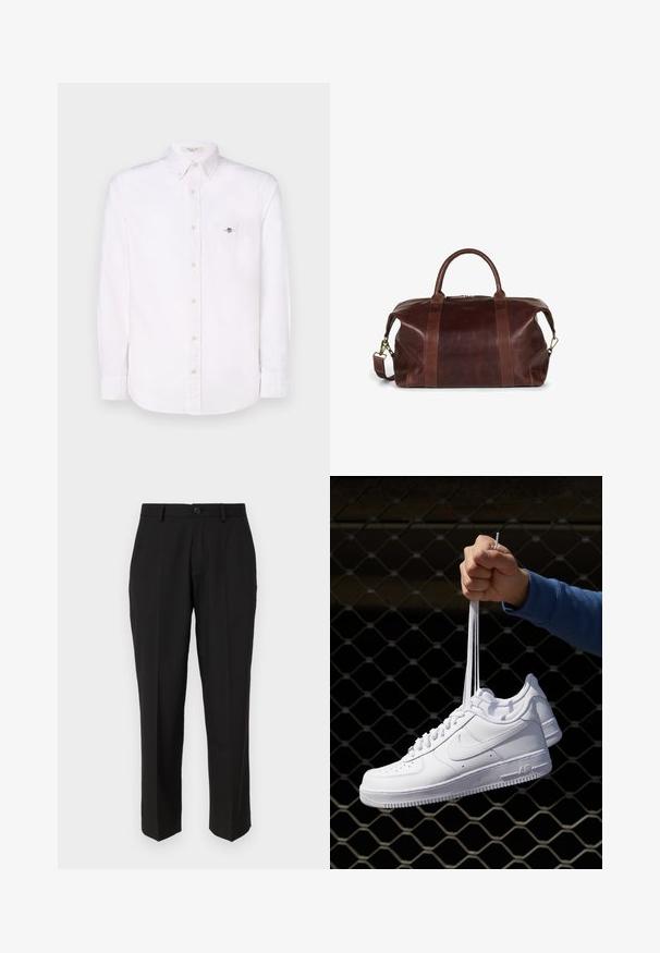 Witte, langekleurige overhemd met een subtiele verticale streeppatroon, voorzien van een borstzak en een klein embleem op de zak.; Zwarte broeken van soepele stof, met een rechte pijpconstructie, vo pockets, een enkele knoopsluiting en geen zichtbare patronen.; Witte leren sneakers met perforaties, ronde neus, vlakke zool en dikke veters, met een zichtbare swoosh-logo en "AIR" op de hiel.; Bruine leren sporttas met dubbele handgrepen aan de bovenkant, een afneembare schouderband en een ritsluiting. Textuurafwerking met contrasterende accenten.