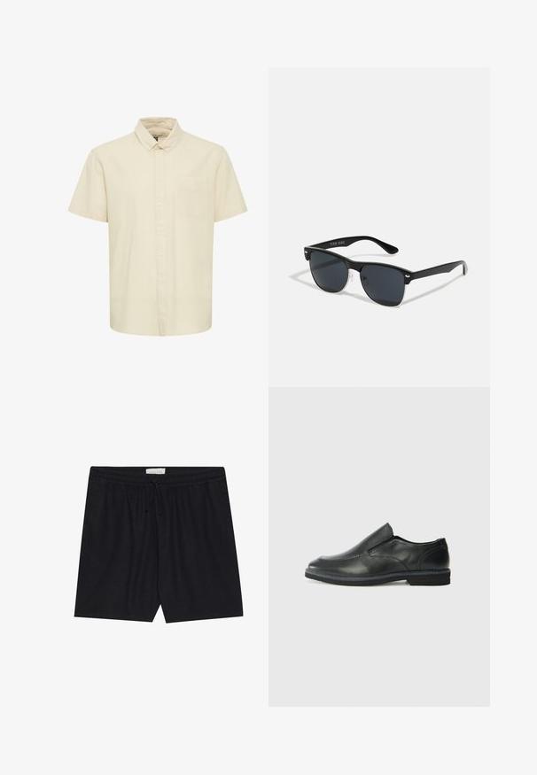 Kortärmad, ljusbeige skjorta med knappar i ett mjukt material. Har en liten bröstficka och en klassisk kragsdesign.; Svarta, elastiska shorts med dragsko, med en mjuk textur och rak passform, lämpliga för vardagligt bruk.; Svart lädersko i slip-on-modell med en slät ovandel, sömnadsdetaljer, rund tå och låg gummihäl. Sulan har minimal mönstring.; Svarta solglasögon med rektangulär form, mörka linser, silverdetaljer vid skalmarna och en matt yta på ramen.