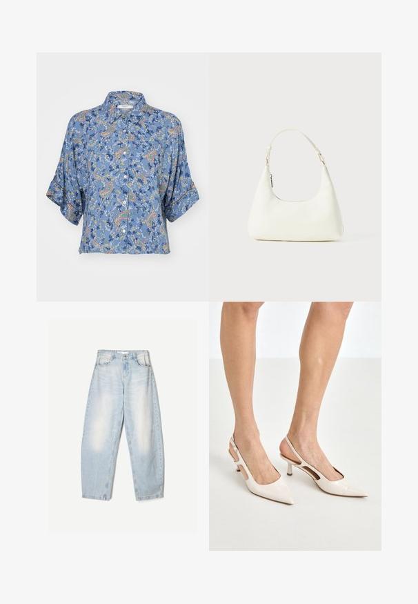Jasnoniebieska koszula krótki rękaw z wzorem w paisley i kwiatowym, z guzikiem z przodu i luźnym krojem. Miękki, lekki materiał.; Jasnoniebieskie dżinsy o luźnym kroju, z wyblakłym wykończeniem, dwoma przednimi kieszeniami i zapięciem na guzik w talii.; Beżowe lakierowane szpilki z odkrytą piętą, zakończone spiczastym noskiem i 5 cm obcasem, z wyciętymi bokami oraz cienkim paskiem na kostce.; Mała biała torba na ramię z jednym regulowanym paskiem i zamknięciem na zamek, na jednolitym białym tle.
