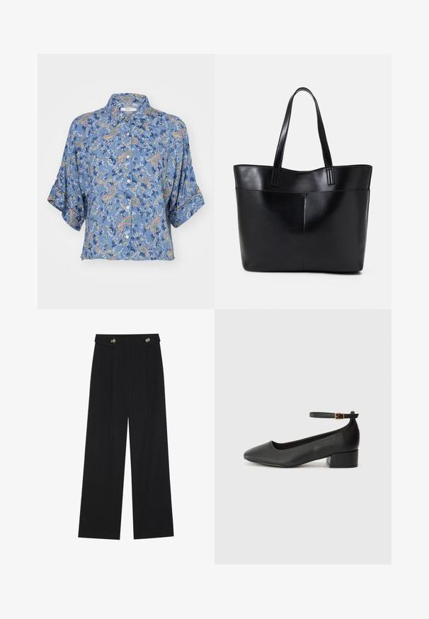 Šviesiai mėlyna trumpomis rankovėmis marškiniai su paisley ir gėlių raštu, su užsegimu priekyje ir laisvu siluetu. Minkšta, lengva medžiaga.; Juodi plačios kojos kelnės su aukštu liemeniu, sagų detalėmis ant liemens ir priekinėmis raukšlėmis.; Juodas odinis aukštakulnis batelis su smailiu pirštu ir žemu bloku. Su kulkšnies dirželiu su auksinės spalvos sagtimi. Lygus paviršius.; Juoda odinė rankinė su dviem ilgais diržais, lygiu paviršiumi ir struktūrizuota forma. Yra priekinė kišenė papildomam saugojimui.