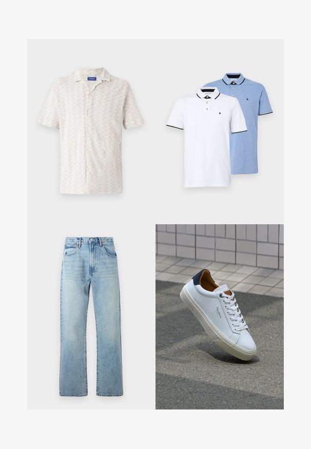 Πουκάμισο κοντομάνικο με κουμπιά σε ανοιχτά χρώματα, με σχέδιο ζιγκ-ζαγκ, γιακά και πέντε μπροστινά κουμπιά. Φτιαγμένο από αναπνεύσιμο ύφασμα.; Δύο πόλο πουκάμισα: το ένα λευκό με μαύρες λεπτομέρειες, το άλλο ανοιχτό μπλε με απόχρωση. Κάθε ένα διαθέτει γιακά και πατιλέτα με δύο κουμπιά με λογότυπο.; Ανοιχτό μπλε τζιν παντελόνι με φαρδιές ίσιες γραμμές, σχεδίαση πέντε τσεπών και ζώνη στην ελαστική μέση. Το ύφασμα παρουσιάζει μια ελαφρώς ξεθωριασμένη υφή.; Λευκό δερμάτινο αθλητικό παπούτσι με ναυτική φτέρνα, στρογγυλή μύτη και αντίθετα καφέ αξεσουάρ. Διαθέτει επίπεδους κορδόνες και υφή από καουτσούκ στη σόλα.