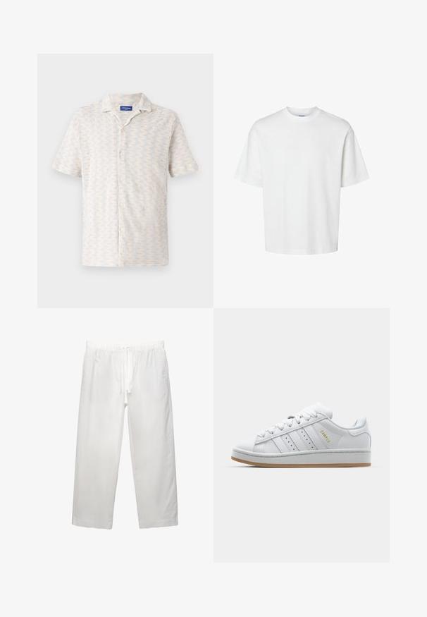 Koszula z krótkim rękawem zapinana na guziki w jasnych kolorach, z wzorem w zygzaki, kołnierzykiem i pięcioma guzikami z przodu. Wykonana z przewiewnego materiału.; Biała bawełniana koszulka z krótkim rękawem, okrągłym dekoltem i luźnym krojem. Gładka struktura bez widocznych wzorów czy akcentów.; Białe lniane spodnie z elastycznym pasem i sznurkiem, szerokimi nogawkami i czystymi szwami. Gładka tekstura z luźnym krojem.; Białe trampki z perforowanym wzorem trzech pasków, teksturowanymi akcentami, gumową podeszwą oraz złotym logiem "CAMPUS" z boku.