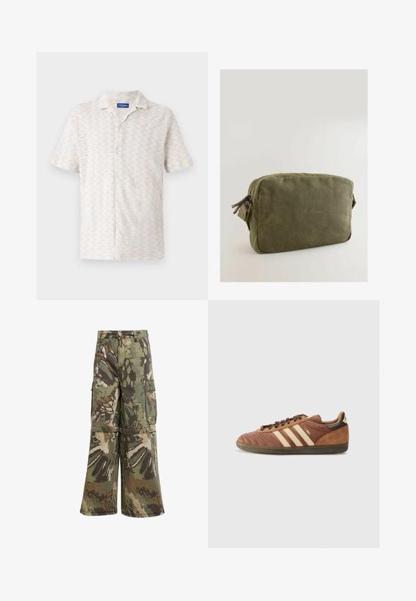 Košile s krátkým rukávem ve světlých barvách, s vlnkovým vzorem, límečkem a pěti předními knoflíky. Vyrobena z prodyšného materiálu.; Bílý dlouhý rukáv s výstřihem do V, měkkou texturou a bočními rozparky. Má jednoduchý design bez výzdoby či vzorů.; Maskáčové cargo kalhoty s širokým střihem, vyrobené z odolné látky v zelených, hnědých a béžových odstínech, obsahující cargo kapsy a zapínání na knoflík.; adidas Originals SAMBA UNISEX - Tenisky - preloved brown/sand strata/dark brown; Olivově zelená plátěná taška obdélníkového tvaru, se zipovým uzávěrem a koženými detaily na táhlu zipu.