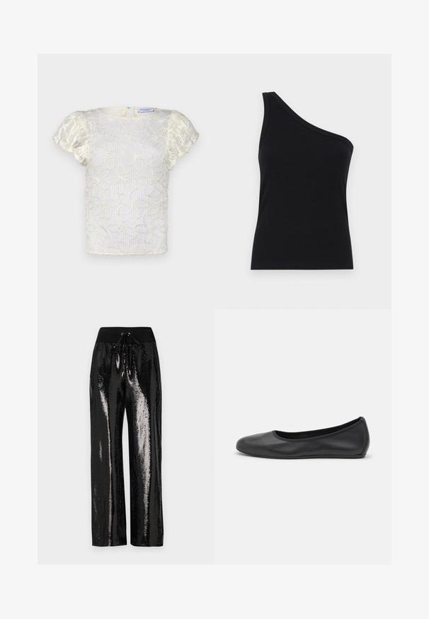 Hofmann Copenhagen CASSIA TOP - Bluse - creme; Schwarzes, geripptes Tanktop mit einem Schulterdesign, tailliert und aus einem weichen Material gefertigt. Es hat einen klaren, minimalistischen Schnitt und einen glatten Halsausschnitt.; Schwarze Pailletten-Hosen mit weitem Bein und elastischem Bund mit Kordelzug. Der Stoff hat eine reflektierende, glänzende Textur.; Schwarze Leder-Ballettschuhe mit abgerundeter Spitze, glatter Textur, minimalen Nähdetails und einem flexiblen Sohlen-Design.