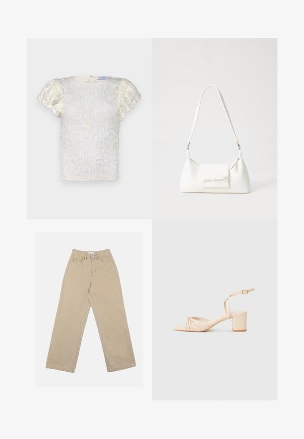 Hofmann Copenhagen CASSIA TOP - Pluus - creme; Bežid laiad püksid, mis on valmistatud denimist, kõrge vöökoha, ees olevate taskute ja kontrastsete õmblustega. Kujunduses on ka nupplukke.; Beeži rihmadega kontsandaal, millel on ruudukujuline nina, keeratud esikujundus, pahkluu rihm ja plokknina. Sile tekstuur, minimalismist inspireeritud stiil.; Valge sünteetilisest materjalist kott kolmnurkse kujuga, lame esiklapiga ja kaaredetailiga, reguleeritava rihmaga, sileda tekstuuriga ja minimalistliku disainiga.