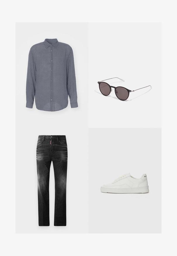 Sötétkék gombos ing geometrikus fehér mintázattal, hosszú ujjak, klasszikus gallér, sima textúrával és gombos záródással.; Fekete pamut póló, kerek nyakkal, rövid ujjakkal, rajta fehér "EMPORIO ARMANI" logó, a "Milano" felirattal ívelt formában.; Fekete farmernadrág egyenes szabással. Fakadó területek, kisebb kopások, klasszikus öt zsebes kialakítás és gombos zárás jellemzi.; Fehér bőr sportcipő sima felülettel, kerek orral, lapos fűzőkkel és texturált talppal. Finom logó található a sarokon.; Fekete kerek napszemüveg sötét lencsékkel és karcsú fém szárakkal. Átlátszó szárvégeket és ezüst részleteket tartalmaz az ívnél. Minimalista dizájn.