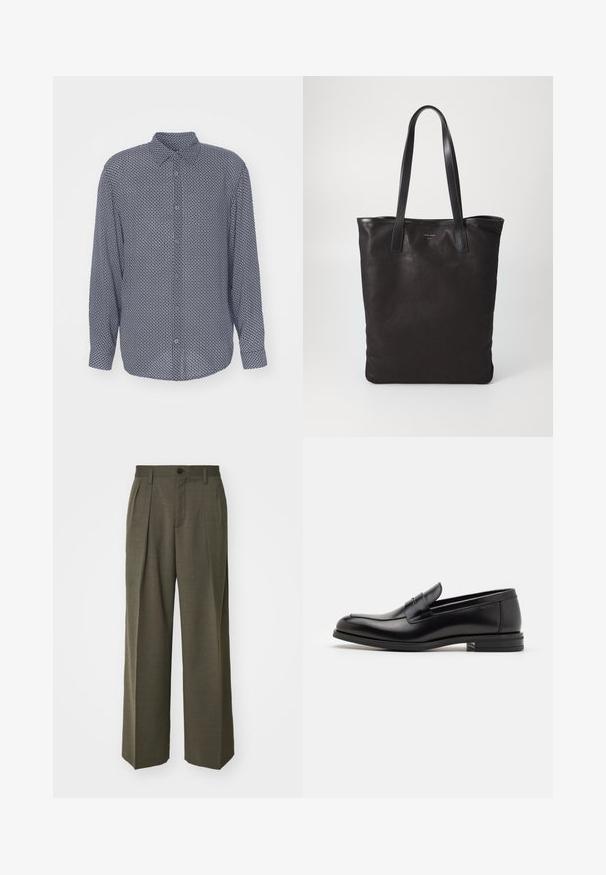 Camisa de botones azul marino con un patrón geométrico blanco, de mangas largas y cuello clásico, con una textura suave y cierre de botones.; Filippa K WIDE TROUSERS - Pantalones - driftwood; Mocasines de cuero negro con una textura suave, puntera redondeada y una tira decorativa en el empeine. Tacón bajo apilado, diseño minimalista.; Bolsa tote de lona negra con asas de cuero negro. Diseño sencillo, cuerpo espacioso y textura suave. Sin logos ni patrones visibles.