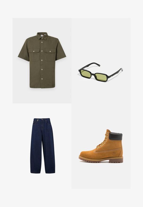 Camicia a maniche corte con bottoni in tessuto verde oliva. Presenta due tasche sul petto, un colletto classico e chiusura frontale con bottoni bianchi.; Jeans in denim blu scuro a taglio comodo con vita alta, tasche frontali e design a gamba dritta. Include hardware in tonalità argentata e cuciture minime.; Stivale alla caviglia in suede tan con collare imbottito nero, occhielli in metallo dorato, dettagli in cucitura bianca e suola in gomma robusta con battistrada pronunciato.; Occhiali da sole neri con un design angolare, lenti verdi e montatura in plastica liscia. Presentano dettagli dorati sulle stanghette.