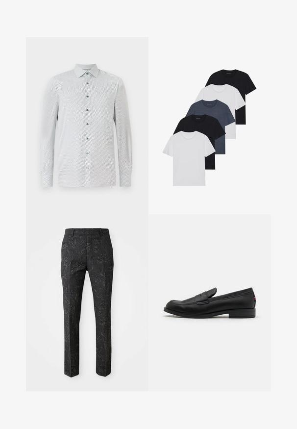 White long-sleeve shirt with a small black geometric pattern, green buttons, and a pointed collar. Regular fit with buttoned cuffs.; Set of five t-shirts in black, white, and navy blue. Cotton fabric, short sleeves, crew neck design, and plain texture with no patterns.; Dark gray trousers with an embossed floral pattern, tailored fit, straight legs, and a smooth texture. Features a standard waistband.; Black leather loafers with a smooth finish, rounded toe, and a small decorative flap. Features a low stacked heel and subtle branding detail.