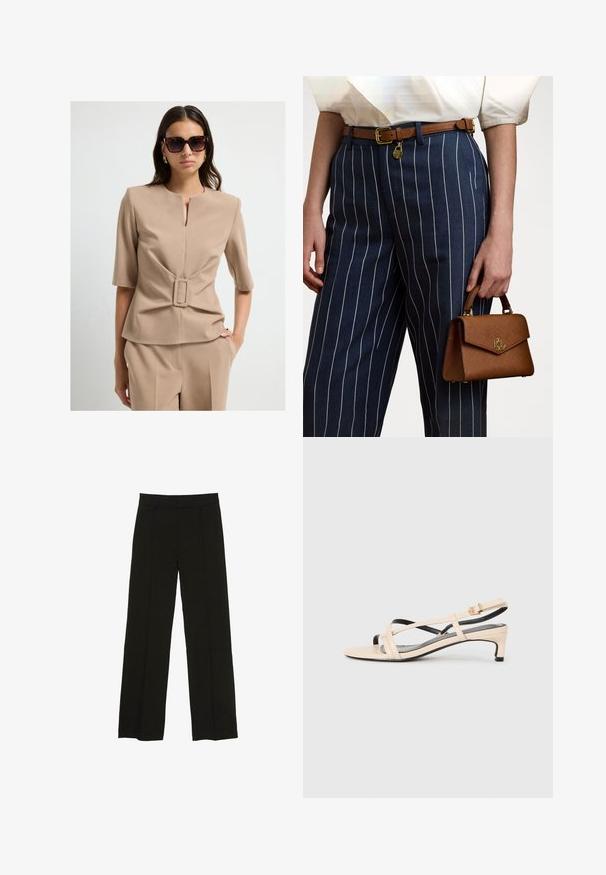 Beige kudottu toppi lyhyillä hihoilla, jossa on neliön muotoinen vyökoriste vyötäröllä. Pehmeä pinta ja minimalistinen muotoilu.; Mustat leveälahkeiset housut, jotka on valmistettu sileästä kankaasta. Niissä on istuva vyötärö ja hienovaraiset etupleatit, jotka lisäävät tekstuuria.; Beige nahkasaappaat, joissa on ristikkäiset hihnat, matala korko ja mustat korostukset. Suora pinta ja minimalistinen muotoilu.; Ruskea teksturoitu käsilaukku, jossa on kultaiset yksityiskohdat, pidetään rinnakkain tummansinisille raidallisille housuille, joissa on valkoisia pystysuoria viivoja. Yksinkertainen, jäsennelty muotoilu.