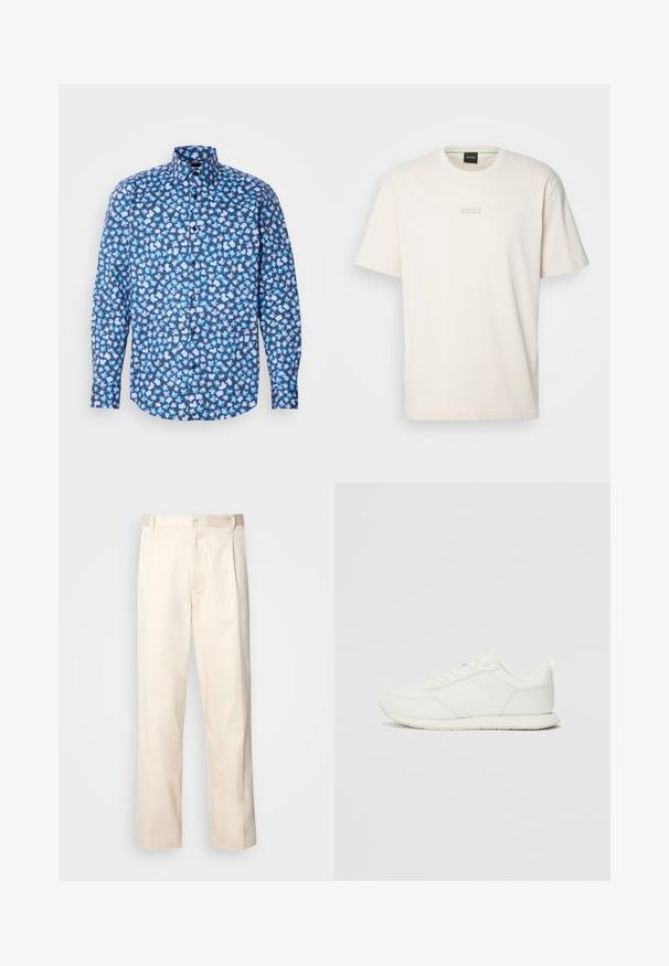 Camisa de manga larga de tejido azul oscuro con un patrón floral disperso en azul claro y blanco, con cuello tipo punta y cierre frontal con botones.; BOSS TEE - Camiseta básica - open white; Pantalones de algodón beige con corte recto, que cuentan con un cierre de botón y pliegues en la parte frontal para un detalle adicional.; Zapatilla blanca con parte superior de malla y sintético, puntera redonda, cordones planos y una franja lateral texturizada. Suela de goma con un tirador en la parte posterior.