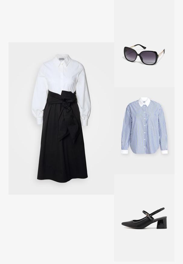Striped shirt in blue and white cotton. Features a button-down front, long sleeves, and a white collar. Includes a chest pocket.; White button-up top with long puff sleeves, paired with a black skirt and fabric belt tied at the waist, made from smooth cotton material.; Black patent leather slingback heels with a pointed toe, a rounded cutout design, and a block heel. Features a gold-tone buckle accent.; Black oversized sunglasses with gradient lenses, thick frames, and gold-tone chain detailing on the temple arms.; Black handbag with structured shape, smooth texture, and a metallic clasp. Paired with wide black pants and open-toe sandals on wooden floor.