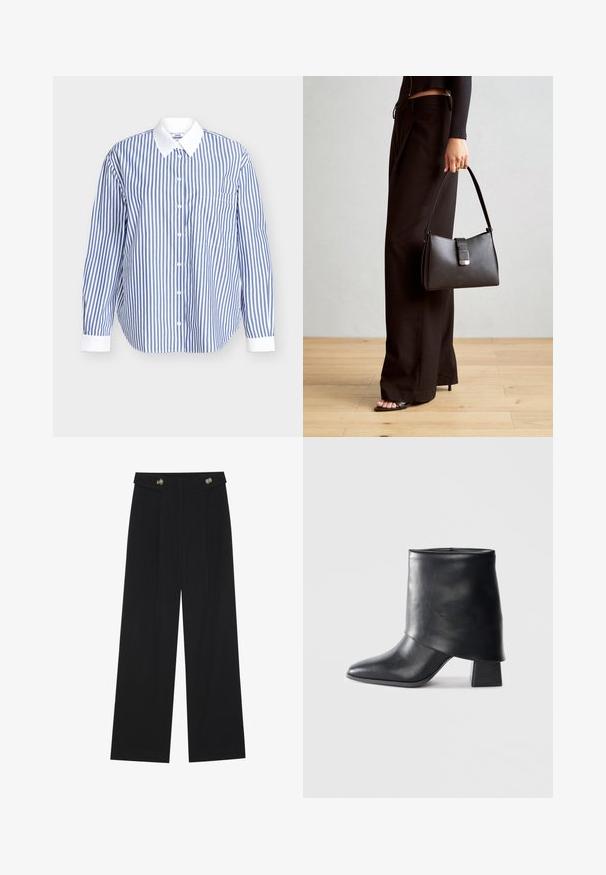 Camicia a righe in cotone blu e bianco. Presenta una chiusura frontale con bottoni, maniche lunghe e un colletto bianco. Include una tasca sul petto.; Pantaloni neri a gamba larga con vita alta, dettagli con bottoni in vita e pieghe frontali.; Stivale in pelle nera alla caviglia con punta affusolata, texture liscia e tacco a blocco strutturato. Presenta un design con risvolto alto.; Borsa nera con forma strutturata, texture liscia e una chiusura metallica. Abbinata a pantaloni neri larghi e sandali open-toe su un pavimento in legno.