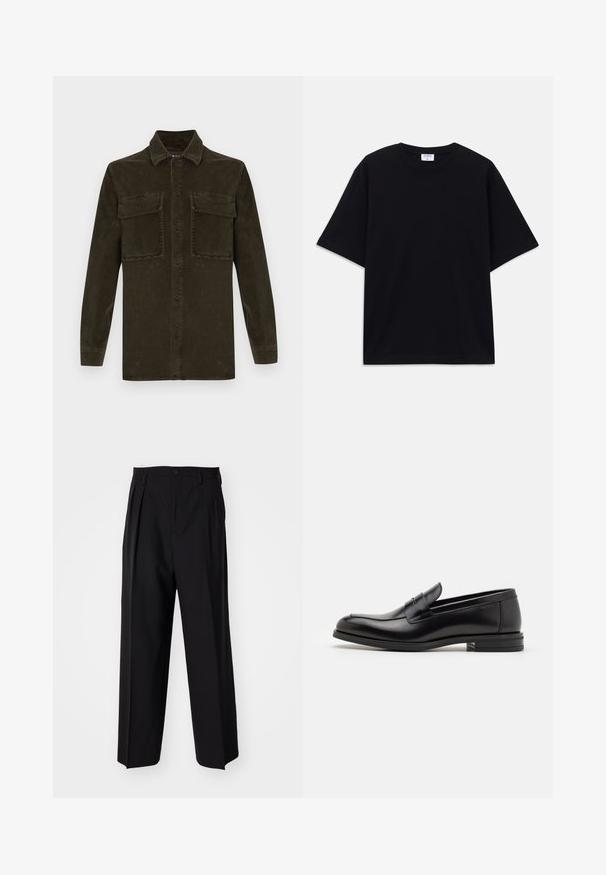 Camisa de corduroy verde escura com mangas longas, botões à frente e dois bolsos no peito. Apresenta um colarinho clássico e textura ribada.; T-shirt oversized de manga curta preta com decote redondo e etiqueta da marca Filippa K visível no interior da gola.; Calças pretas plissadas com um design reto e de perna larga. Feitas de um tecido liso, apresentam um fecho de botão e passantes para cinto.; Mocassins de couro preto com uma textura suave, bico arredondado e uma faixa decorativa sobre o peito do pé. Salto baixo e empilhado, design minimalista.