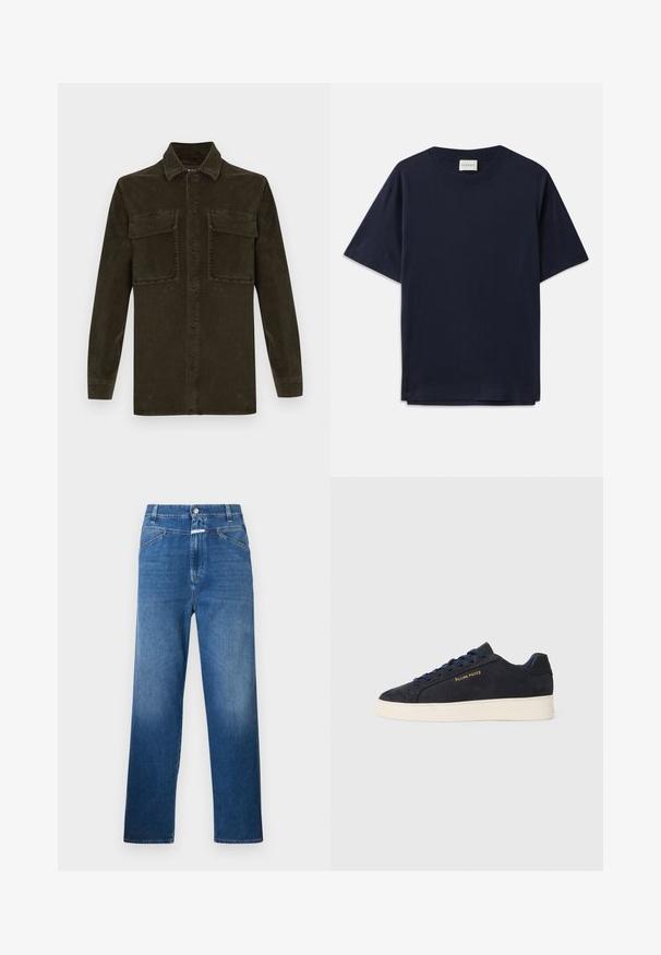 Mørkegrønn kordfløyelskjorte med lange ermer, knappelukking foran og to brystlommer. Har klassisk krage og ripet tekstur.; Marineblå bomull T-skjorte med korte ermer, rund halslinning og en avslappet passform. Etiketten viser "CLOSED" ved halslinningen. Glatt tekstur.; Blå denim jeans med rette ben, som har knappelukking, belteholdere og subtil falming på lårene.; Marineblå ankelhøyde sneakers i semsket skinn med hvit såle, marineblå snøringer, og "Filling Pieces"-logo i gull på siden.