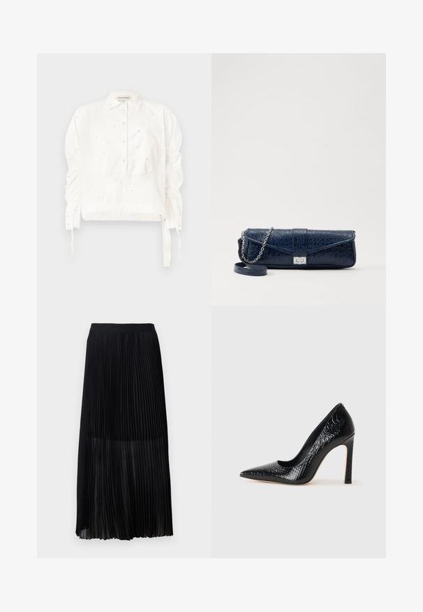 Bílá zkrácená košile vyrobená z bavlny, s předním zapínáním na knoflíky, nařasenými rukávy a dekorativními perlovými detaily po celé ploše.; Černá plisovaná midi sukně s hladkým elastickým pasem a průhlednou vrstvou, která má jemné vertikální plisování po celé látce.; Černý lodičkový bot s špičatou špičkou, pokrytý texturou krokodýlí kůže, s elegantním designem, vysokým stiletto podpatkem a hladkým černým interiérem.; Námořnická modrá kožená kabelka s krokodýlí texturou, stříbrným řetízkovým popruhem a kovovým zapínáním. Obdélníkový tvar s překlápěcím designem.