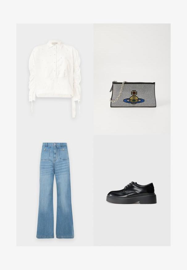 Weißes, kurzes Hemd aus Baumwolle mit durchgehender Knopfleiste, gerafften Ärmeln und dekorativen Perlenverzierungen.; Helleblaue Jeans aus Denim mit weitem Bein, ausgestattet mit zwei Fronttaschen und zwei Gesäßtaschen, abgeschlossen mit einem rohen Saum und Knopfverschluss.; Schwarze Lederschuhe mit abgerundeter Spitze, dickem Plateausohlen und dekorativen Schnürdetails. Glatte Textur und sichtbare Kontrastnähte.; Schwarze Clutch mit silberner Kettenriemen, die ein farbenfrohes Perlen-Design eines gelben U-Bootes bietet, umgeben von einem blauen Ring.