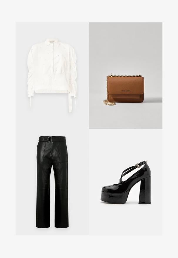 Weißes, kurzes Hemd aus Baumwolle mit durchgehender Knopfleiste, gerafften Ärmeln und dekorativen Perlenverzierungen.; Hochtaillierte schwarze Lederhose mit weitem Bein, großen aufgesetzten Taschen vorne und einem passenden Gürtel mit Doppelringverschluss.; The Kooples CHAUSSURES - High Heel Pumps - black; Braune strukturierte Ledertasche mit goldener Kettenriemen und Klappenverschluss. Die Vorderseite zeigt ein Logo-Detail und eine Tasche unter der Klappe.